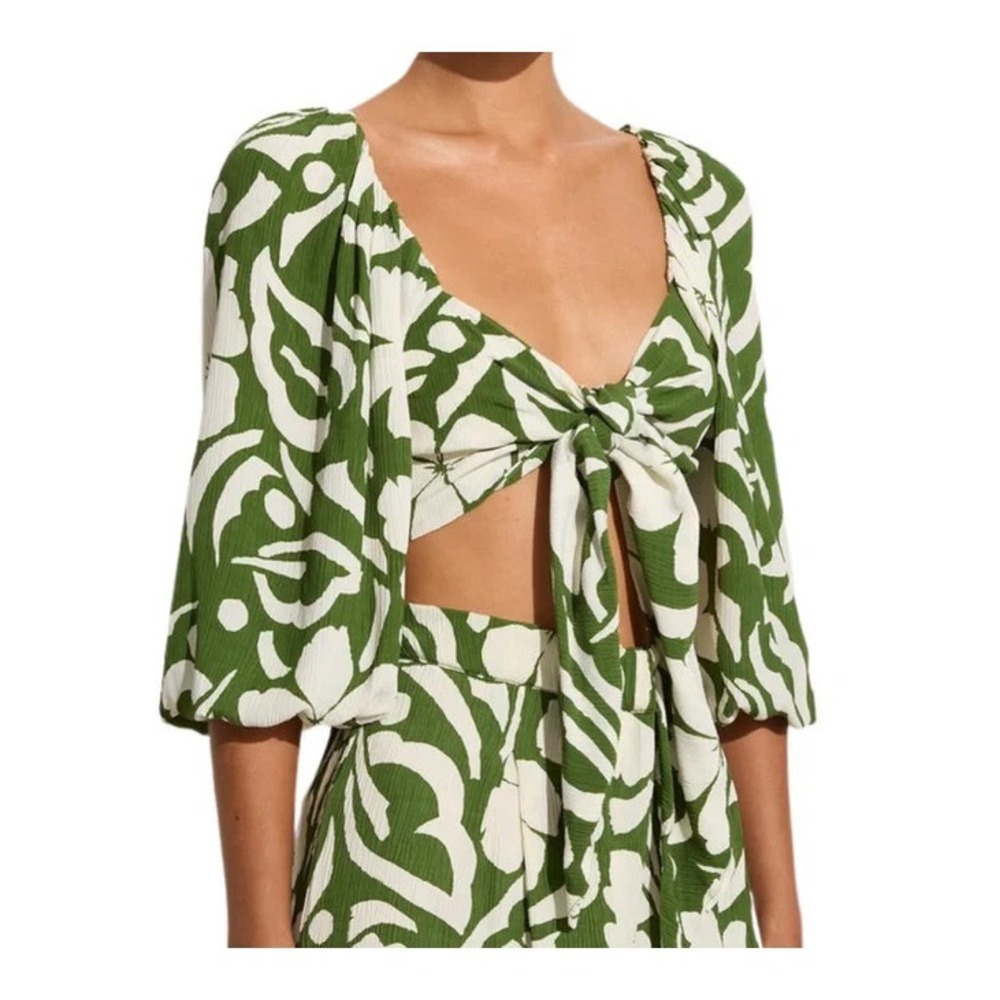 Faithfull the Brand Margherita Floral Green Top XS Crop Balloon Sleeve Tie Front